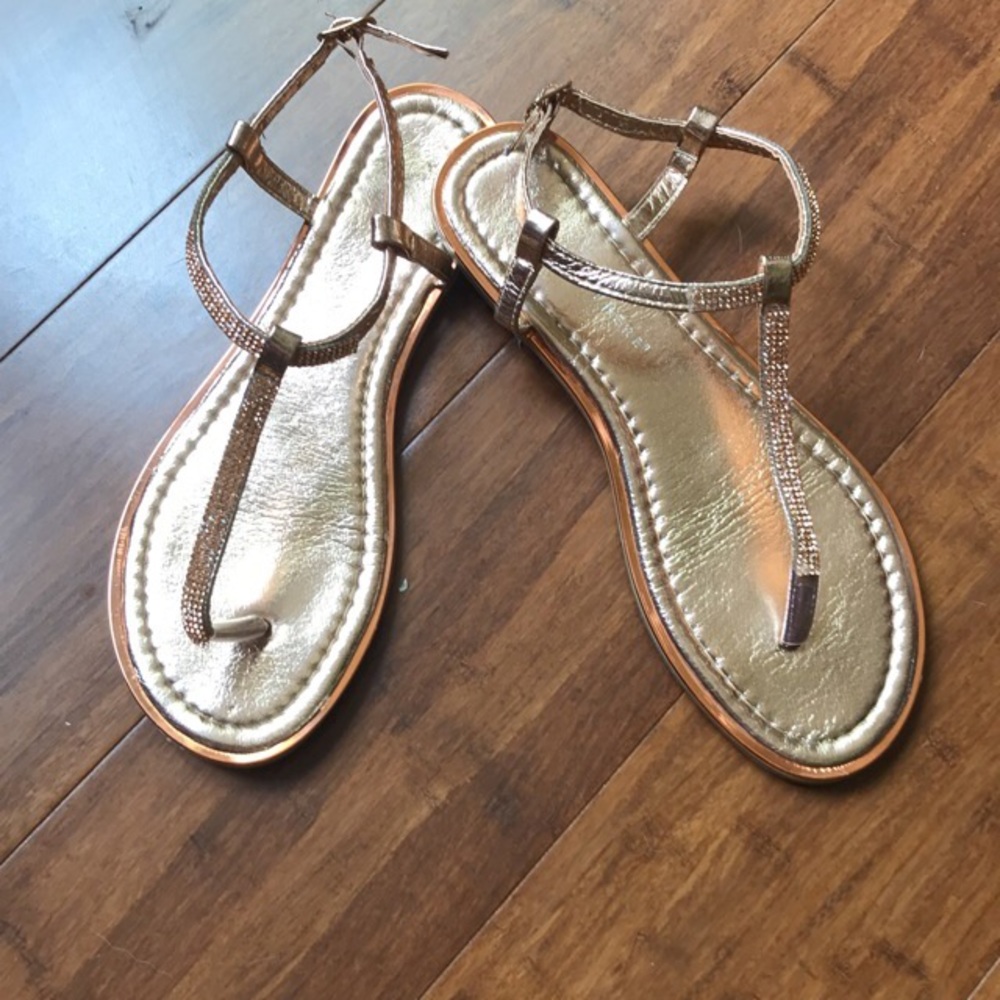 Rose gold t-strap bejeweled sandals